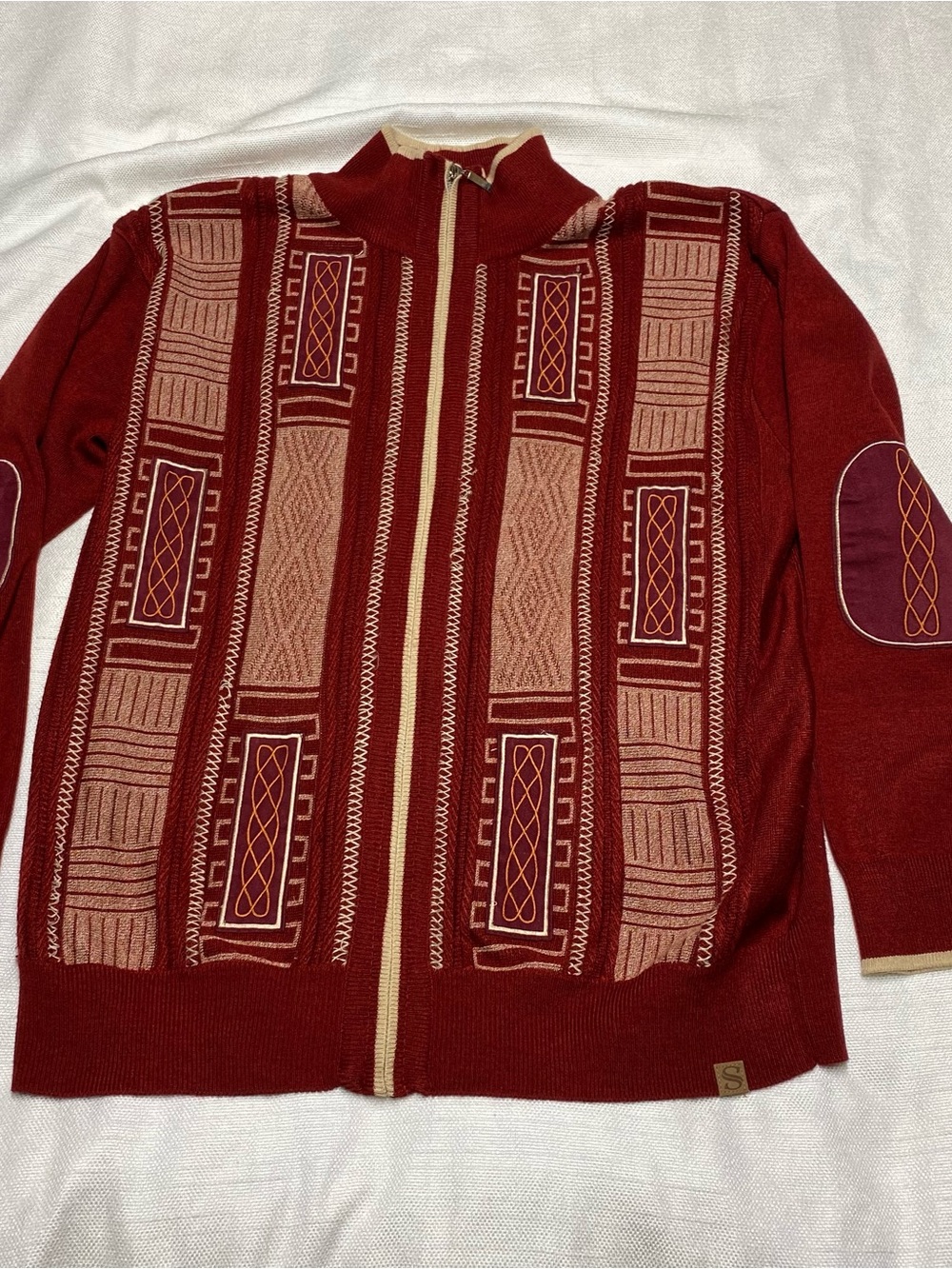 Silversilk Men's Red Zip-Up Patterned Cardigan with Elbow Patches